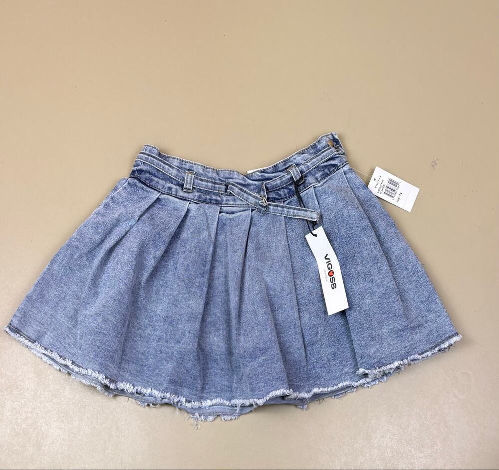 Vigoss Girls Size 14 Pleated Denim Mini Skirt Belted Frayed Hem NWT